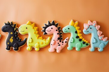 Naklejka premium Colorful dinosaur cookies row cute baked treats stegosaurus triceratops ankylosaurus on orange background playful food design