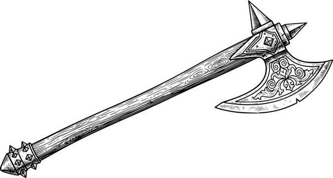 Vintage style drawing of a longhandled medieval battleaxe featuring sharp metal blade and decorative spiked pommel
