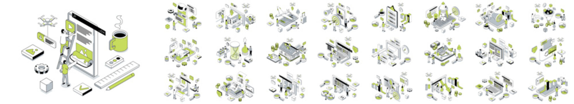 Mega set of isometric 3d concepts. Contains such Business, Development, Startup, DevOps, Marketing, Analysis, Real Estate, Social Media, Science and more. Bundle isometry vector illustrations.
