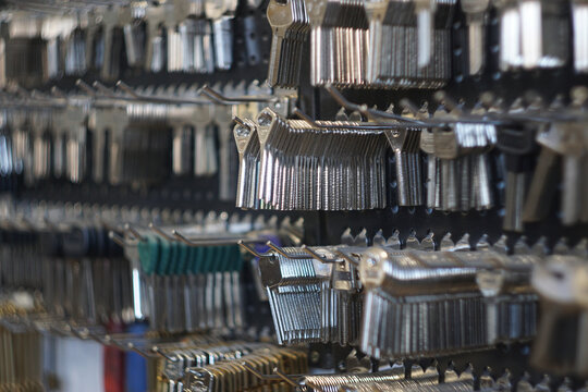 Close-up of door lock keys, a workshop for making duplicate keys