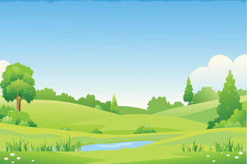 Obraz premium Green Rolling Hills Landscape with Pond and Trees Bright Blue Sky Illustration