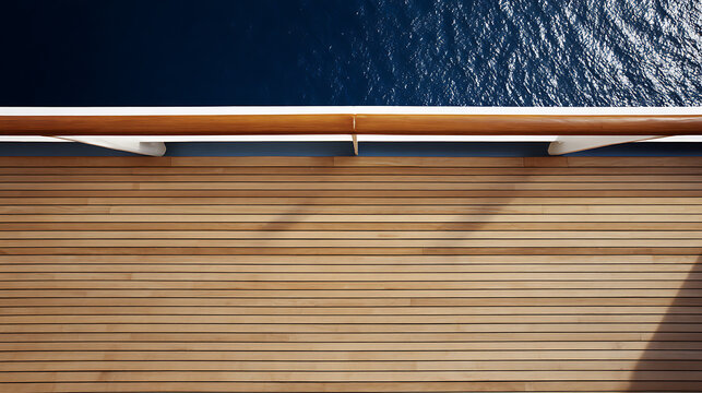 Abstract View of Teak Deck Railing and Deep Blue Ocean Water from Above, Nautical Journey Perspective, Serene Marine Landscape Backdrop
