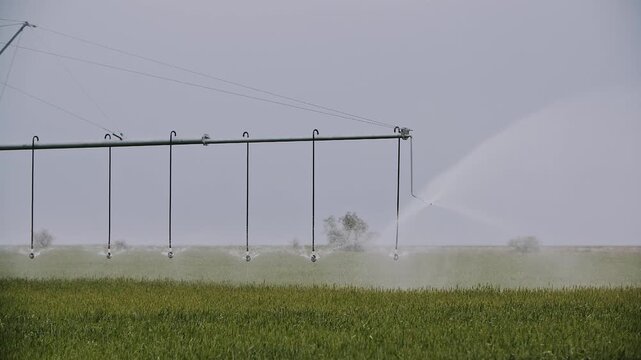Aerial center pivot irrigation over green crop fields.