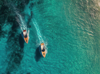 Fototapeta premium Twin speedboats cutting through crystal blue sea from above