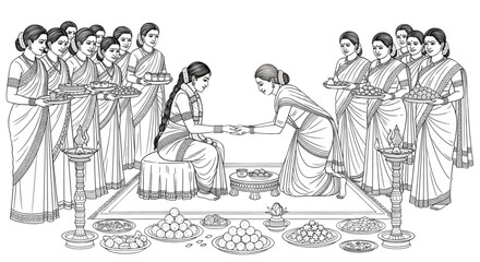 Obraz premium Joyful Indian Women Performing Traditional Blessing Ceremony with Gifts and Sweets for Cultural Events