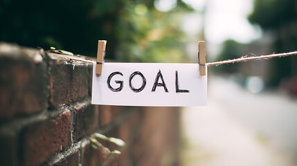 Inspiring white paper message "GOAL" on string with clothespins, set against a blurred outdoor background, symbolizing aspiration and achievement