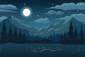 Fototapeta premium Moonlit Mountain Lake with Pine Forest and Stars Night Landscape Vector Illustration