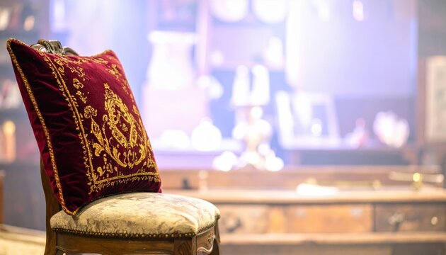 Ornate Velvet Cushion Embroidered with Gold Thread Depicting a Coat of Arms on an Antique Chair