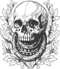 Obraz premium Vintage skull illustration with floral ornament and decorative ring detailed line art design