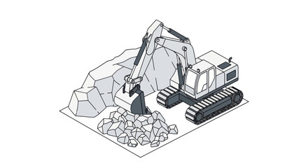 Naklejka premium Heavy-duty excavator digging and moving rocks at a construction site.