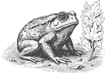 Naklejka premium Detailed black and white illustration of a toad sitting near a leafy plant on the ground