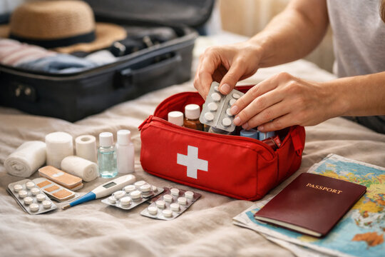 Woman packing first aid kit for travel with pills, thermometer and passport on bed near suitcase, health safety.