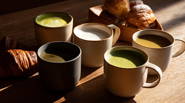 Inviting morning coffee and tea array with croissants and pastries on a wooden table, bathed in warm natural light, perfect breakfast scene