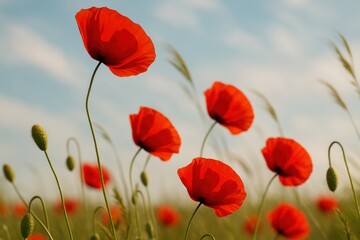 Obraz premium Vibrant poppies under blue sky.