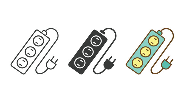 Power Strip Vector Icon Set with Three Outlets and Plug Isolated on White