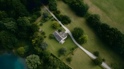 Aerial view of a secluded white house in a lush green landscape with trees fields and water