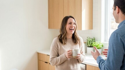 Young woman laughing while holding coffee mug in bright modern kitchen with man talking nearby, natural light, casual morning conversation