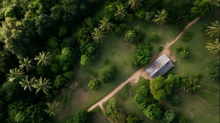 Obraz premium Aerial view of a remote tropical house surrounded by lush green forest and trees with a dirt path