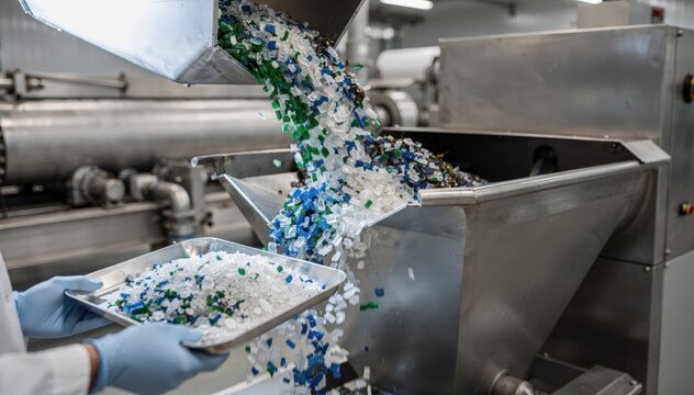 Medium shot showing colorsorted recycled plastic flakes being fed into a film extruder hopper focusing on quality control and the integration of sorted materials in ecofriendly