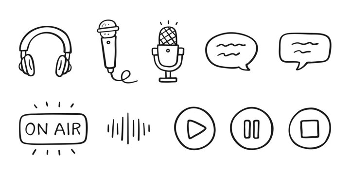 Hand drawn podcast and audio equipment icon set, black and white doodle vector illustration