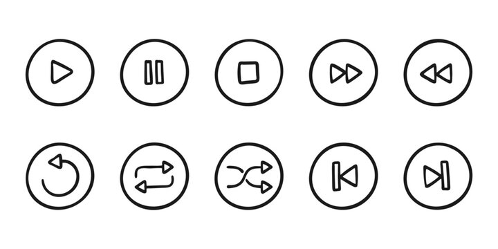 Hand-drawn media player button icon set in doodle style