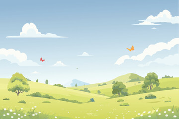 Fototapeta premium Rolling green hills with butterflies and clouds in a cartoon style landscape