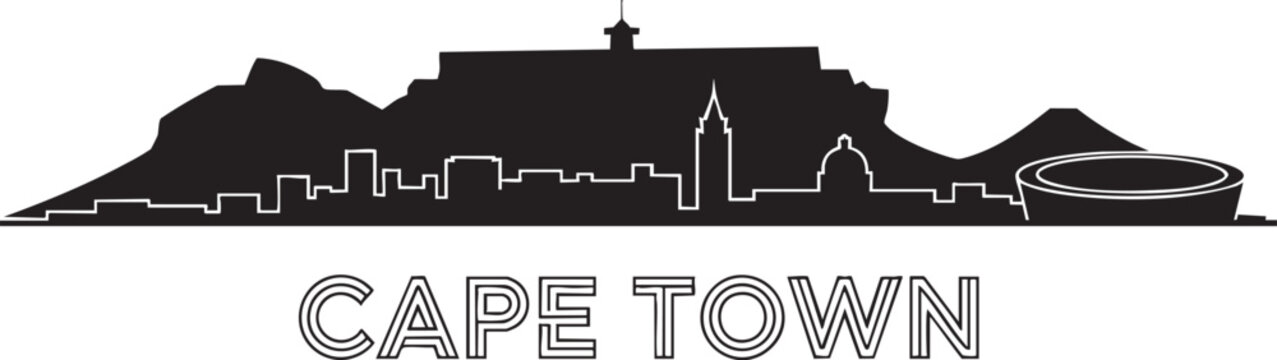 Cape town skyline silhouette vector including table mountain and stadium on transparent bg