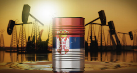 Serbia - oil barrel with national flag, extraction wells in background - 3D illustration © PX Media