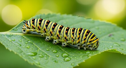 Naklejka premium Monarch caterpillar on green leaf