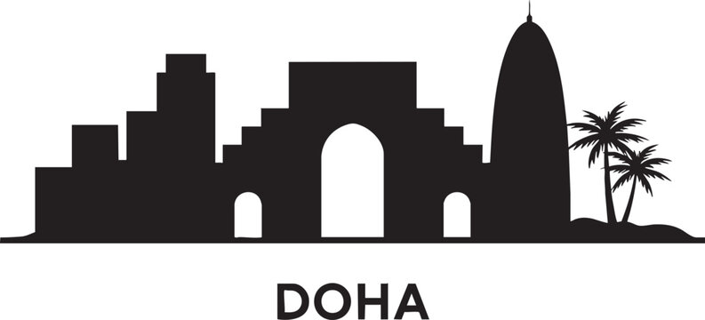 Doha skyline silhouette cityscape iconic buildings travel destination modern architecture black vector