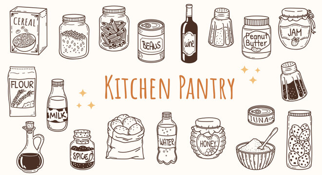 Hand drawn kitchen pantry essentials doodle set. Vector food icons, jars, containers and bottles. Minimalist sketch style grocery elements.