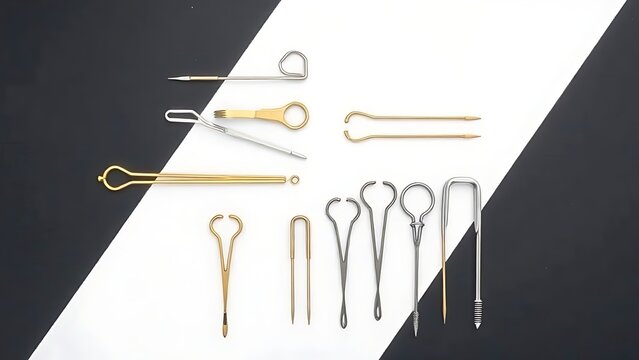 Assortment of brass and stainless steel hasps arranged geometrically on a dark surface. real-estate listings.