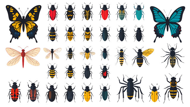  Entomology Icon Collection: A diverse set of colorful flat vector icons featuring various common insects, bugs, and invertebrates like butterflies, beetles, ants, dragonflies, bees, and spiders