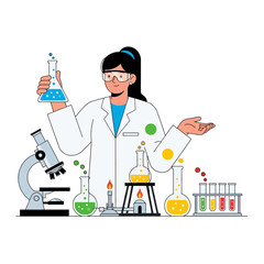 Scientist Woman Holding Flask in Laboratory with Microscope and Test Tubes