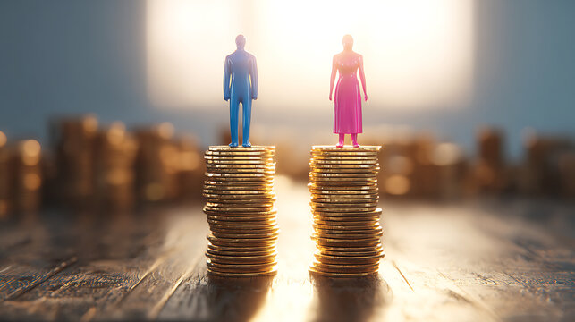 Conceptual image of tiny figurines, one male, one female, standing on unequal stacks of gold coins, symbolizing financial disparity against a bright background