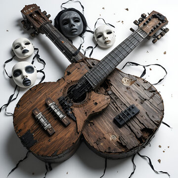 A damaged lute with peeling wood, Halloween party masks scattered around, dark and moody aesthetic, photorealistic detail, isolated on white background