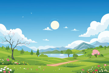 Fototapeta premium Vibrant Spring Landscape with Rolling Hills Lake and Blooming Trees Vector Illustration
