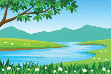 Obraz premium Winding River Through Green Fields and Mountains Under Blue Sky Illustration
