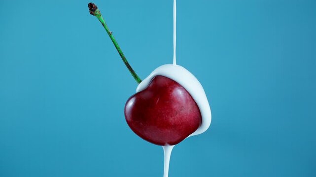 Pouring yoghurt from the top over a cherry in Slow Motion 1000fps