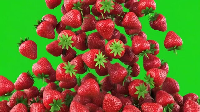 Ripe red strawberries cascade and accumulate against a bright green chroma key background for creative design