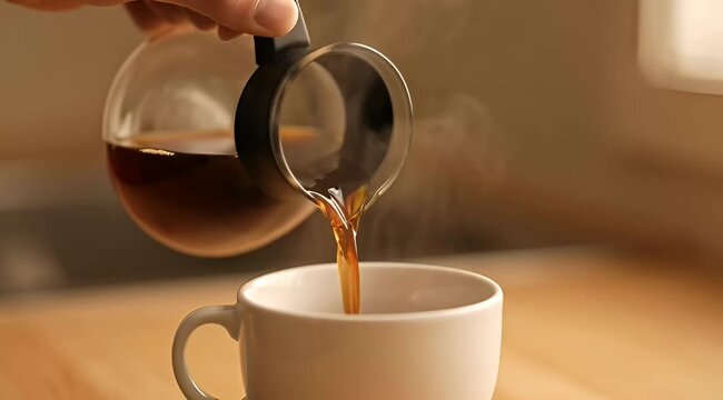 Freshly brewed coffee being poured from a glass pot into a mug