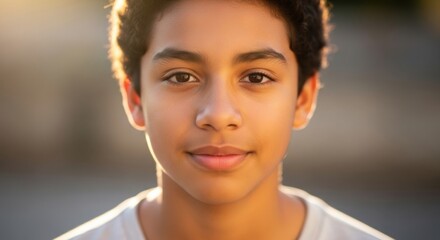Young boy looking at camera during golden hour