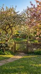 A rustic wooden gate leads into a beautiful English country garden filled with spring blossoms.