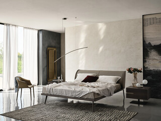 Modern luxury bedroom interior in minimal scandinavian style, 3d render © evgenij