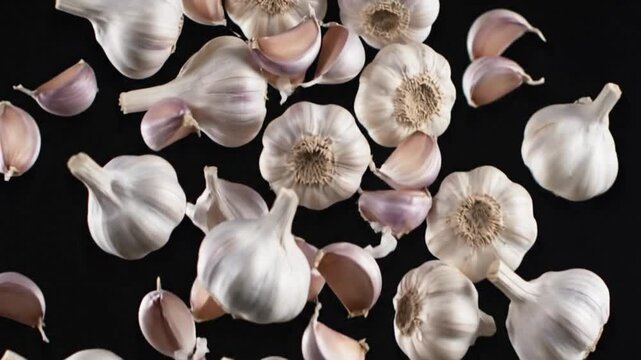 High-angle shot of whole garlic bulbs and cloves scattered against a dark backdrop
