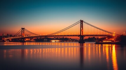 Obraz premium Silhouetted suspension bridge at dusk with city lights