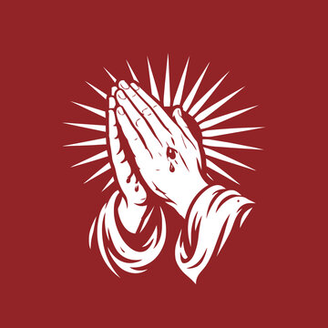 A simple vector image of the hands of Jesus Christ praying with details of rays of light and piety for t-shirts.eps