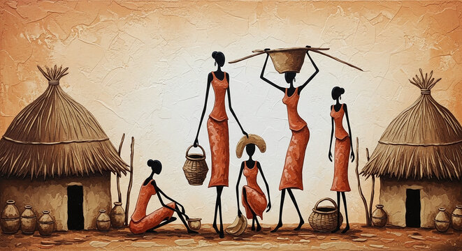 African Village Morning Life Scene Tribal Folk Art Painting