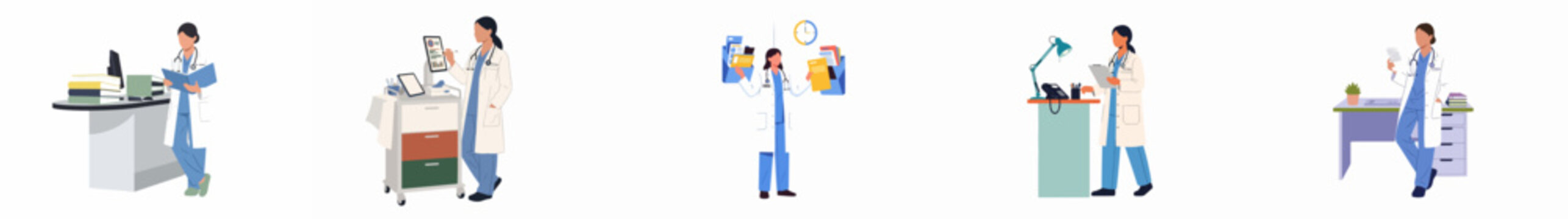 Set of flat vector illustrations featuring a professional female doctor performing various tasks in hospital and office environments.
