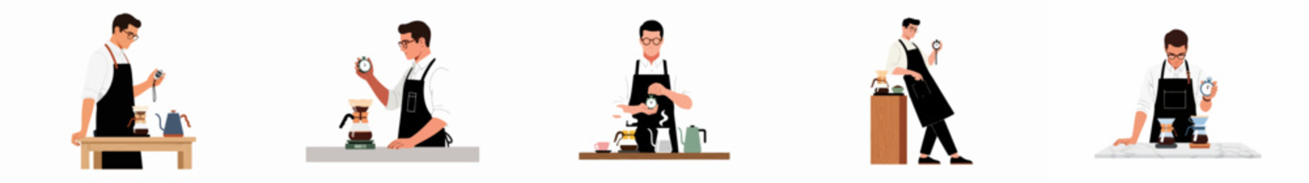 A collection of illustrations featuring a professional male barista timing the pour-over coffee brewing process with a stopwatch in different poses.
